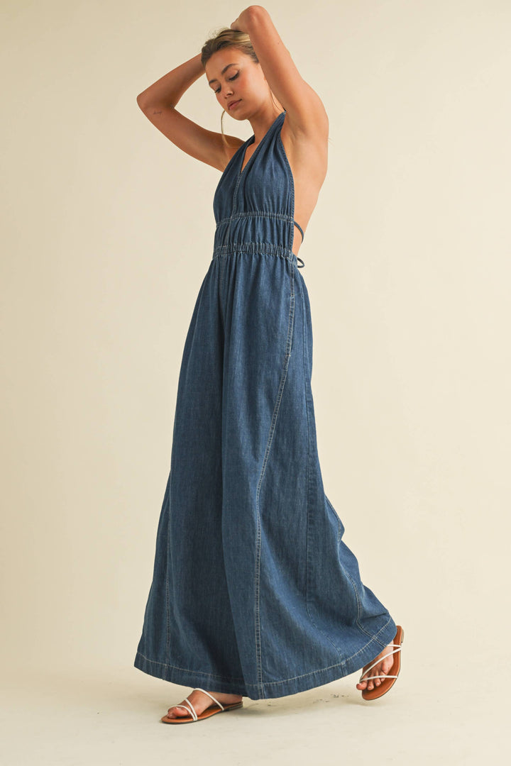 DENIM HALTER WIDE LEG JUMPSUIT - jumpsuits & rompers