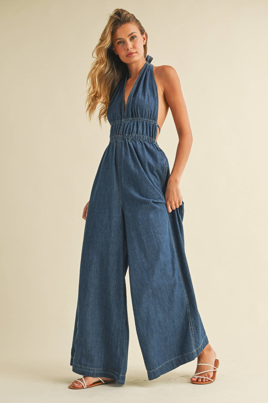 DENIM HALTER WIDE LEG JUMPSUIT - jumpsuits & rompers