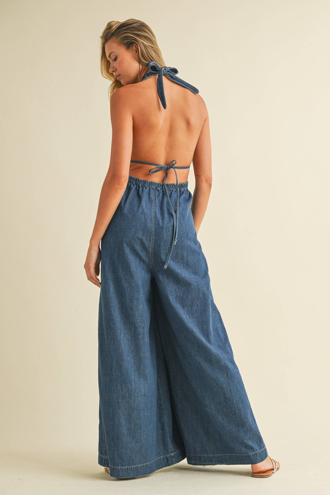 DENIM HALTER WIDE LEG JUMPSUIT - jumpsuits & rompers