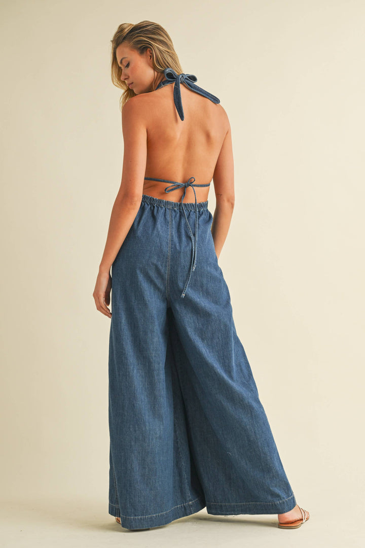 DENIM HALTER WIDE LEG JUMPSUIT - jumpsuits & rompers
