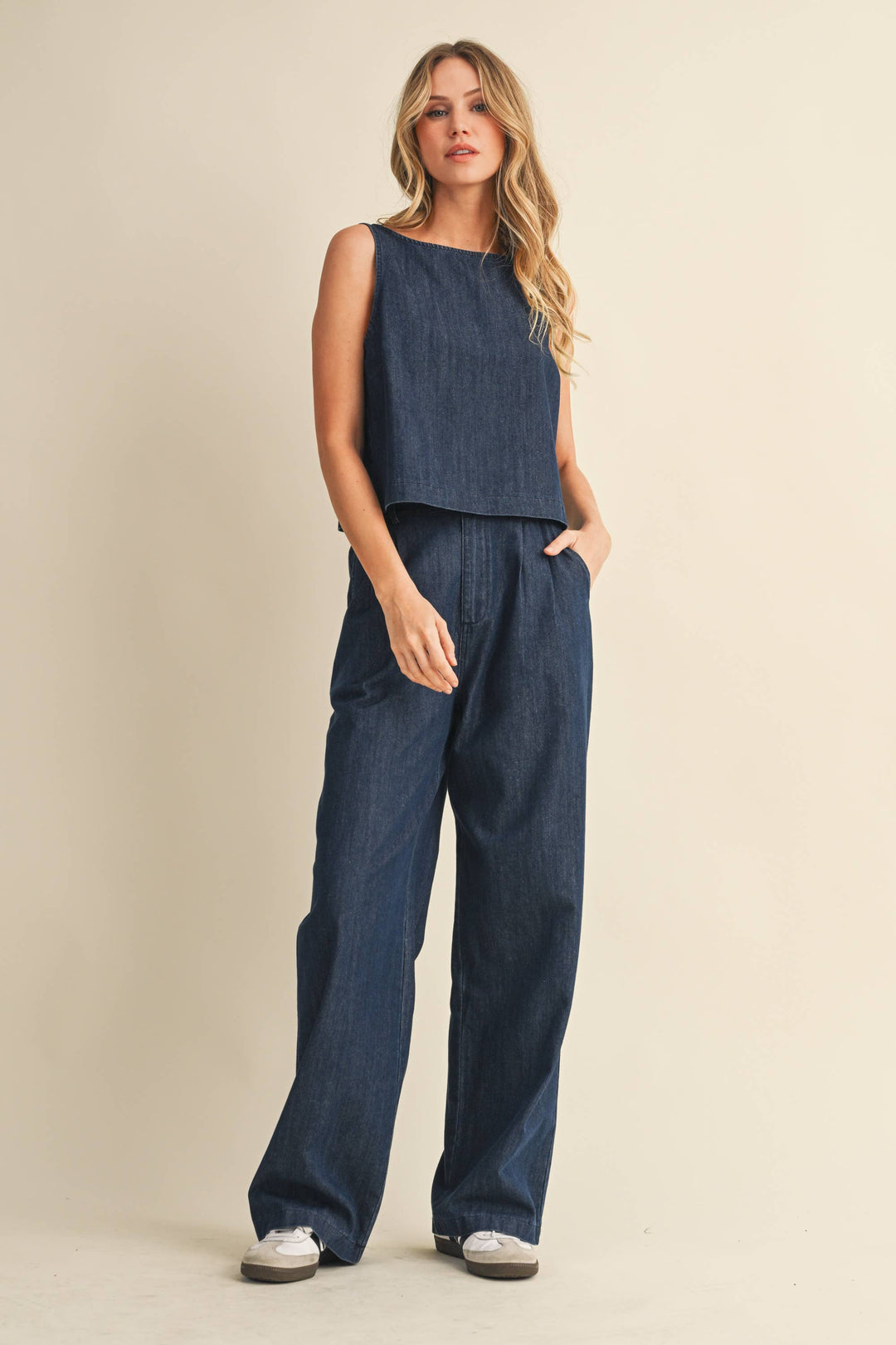 DENIM SLEEVELESS TOP AND PANTS SET - Sets