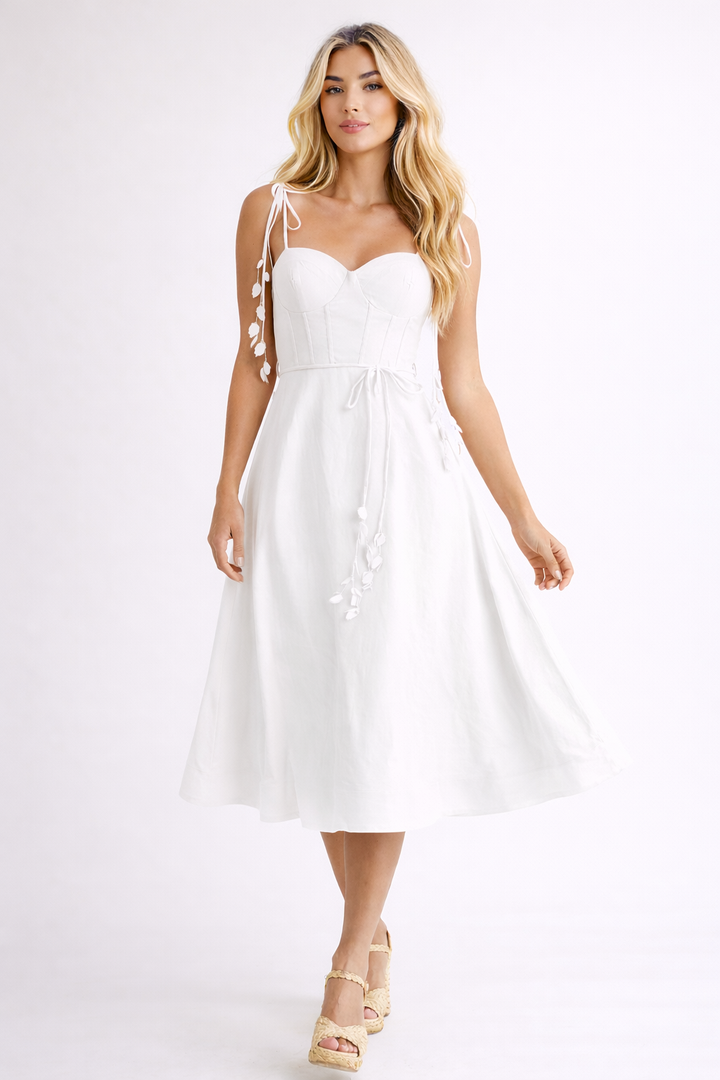Yellow Linen Midi Dress with Corset Bodice