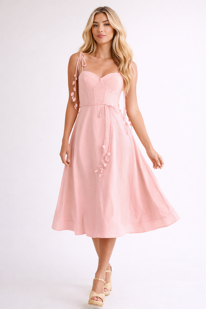 Yellow Linen Midi Dress with Corset Bodice