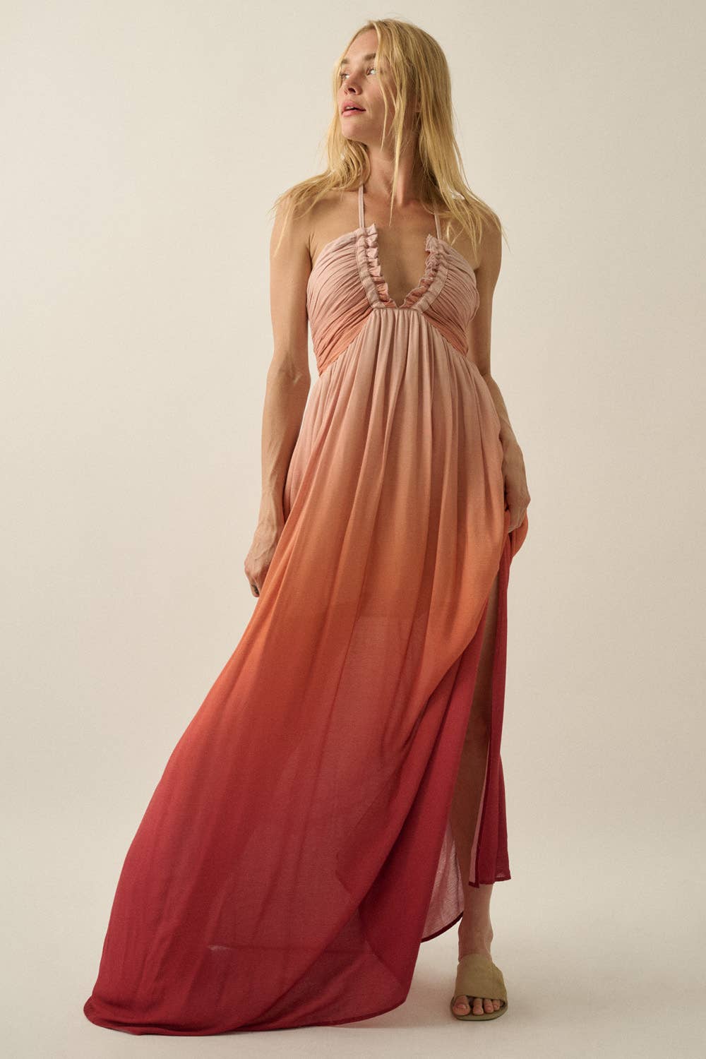 Fresh Ombre Crepe Tie-Back Halter Pocket Maxi Dress