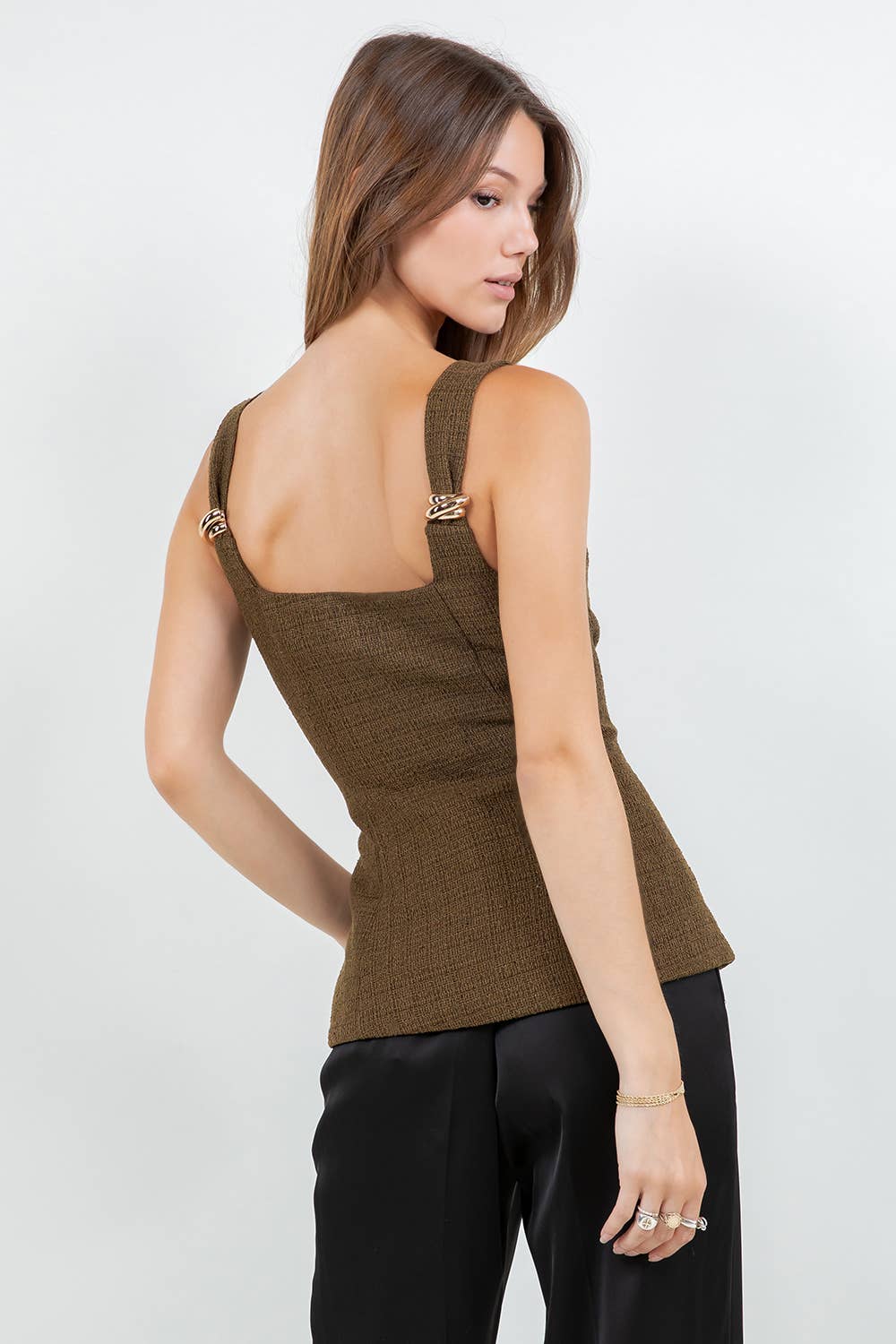 ELIE METAL TRIM ACCENT CORSET TWEED TOP - OLIVE