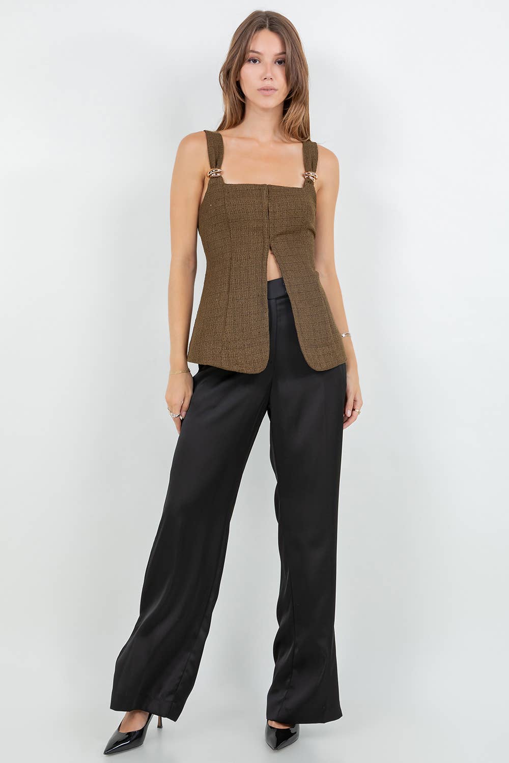 ELIE METAL TRIM ACCENT CORSET TWEED TOP - OLIVE
