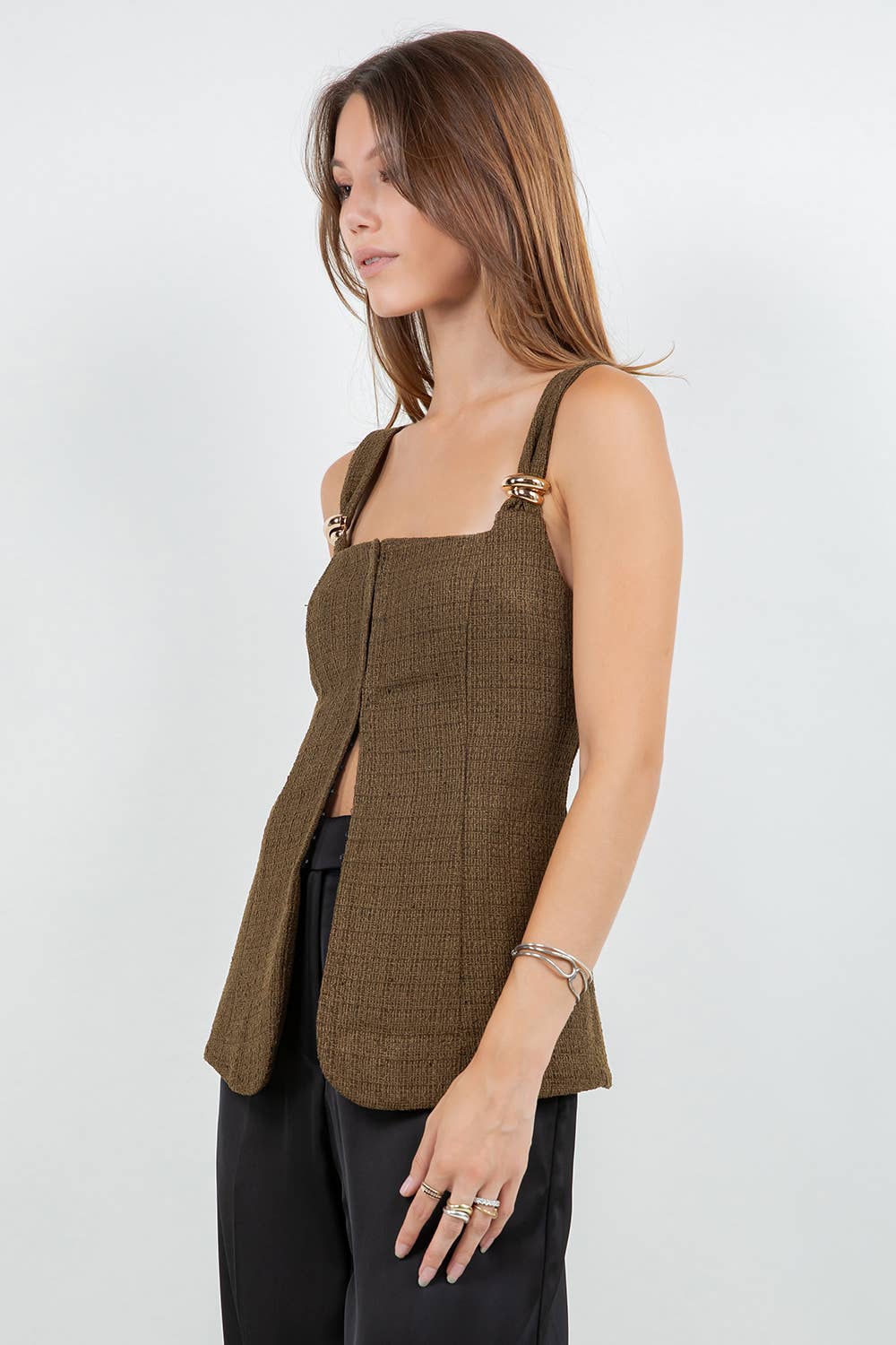 ELIE METAL TRIM ACCENT CORSET TWEED TOP - OLIVE