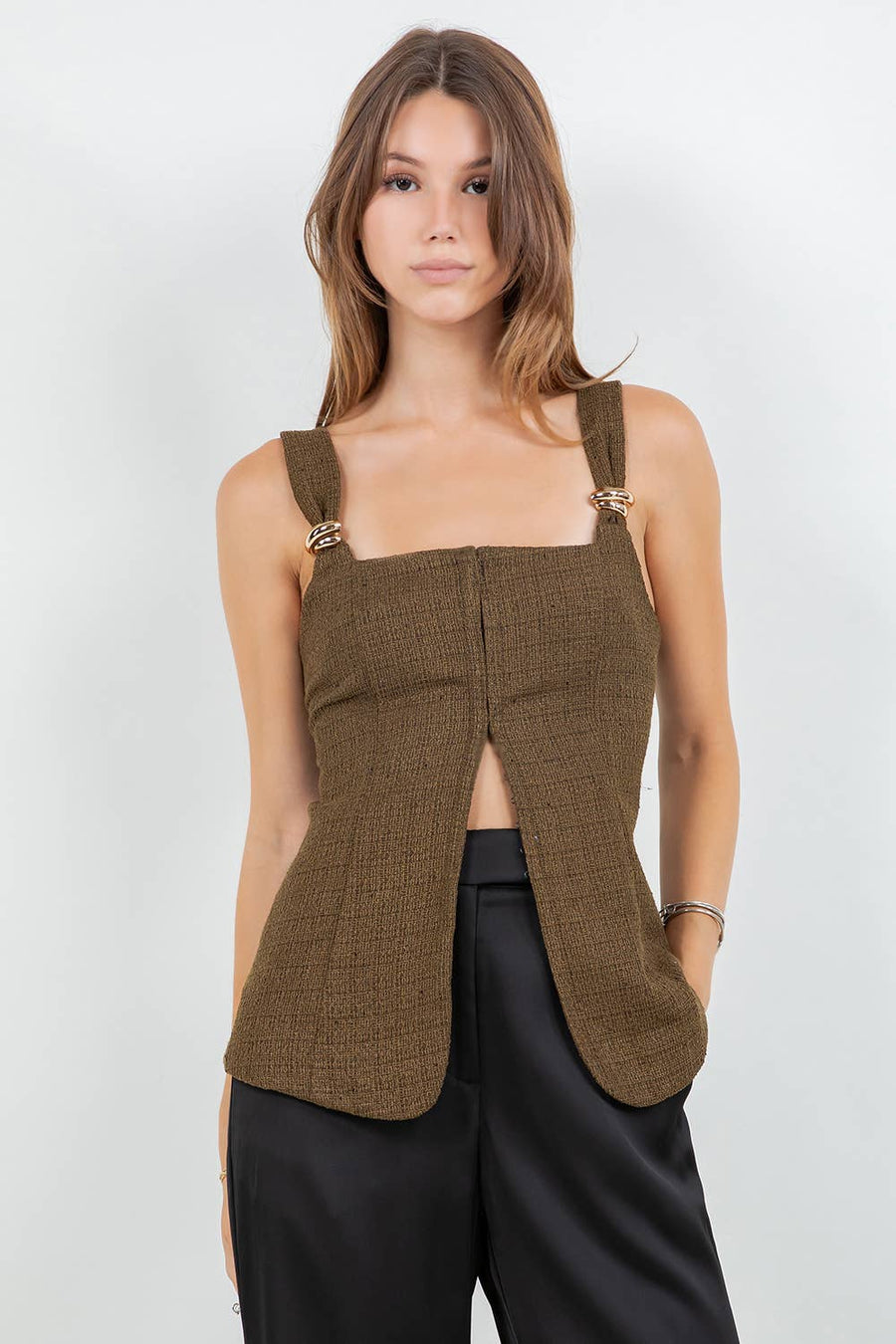 ELIE METAL TRIM ACCENT CORSET TWEED TOP - OLIVE - XS