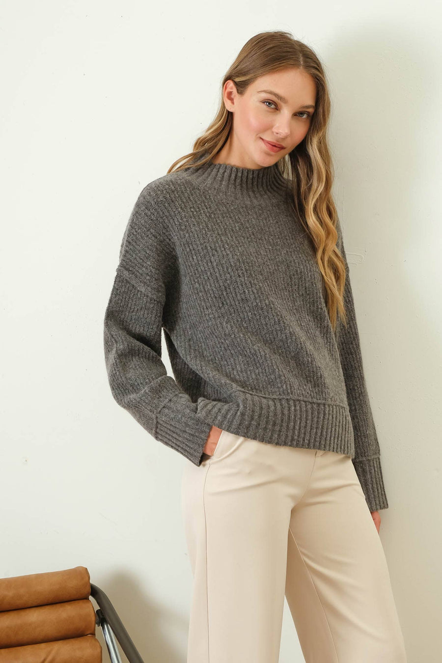Elsa Mock Neck Split Hemp knit Sweater