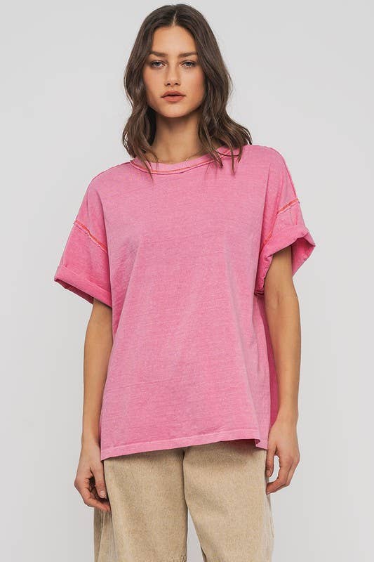 Erika Contrast Stitch Mineral Wash Spring Oversized Tee - PINK / M - shirts