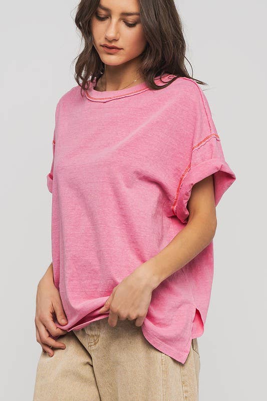 Erika Contrast Stitch Mineral Wash Spring Oversized Tee - PINK / S - shirts