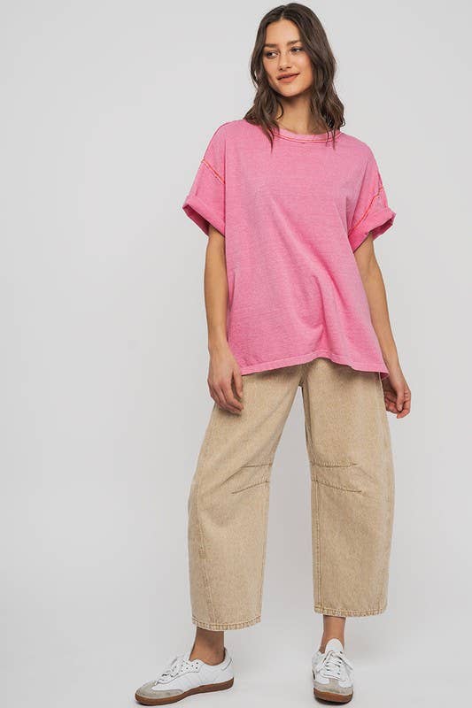 Erika Contrast Stitch Mineral Wash Spring Oversized Tee - shirts