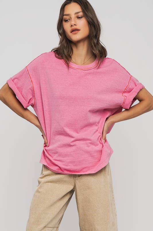 Erika Contrast Stitch Mineral Wash Spring Oversized Tee - shirts