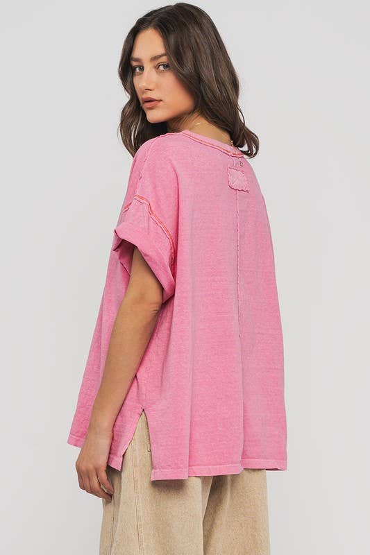 Erika Contrast Stitch Mineral Wash Spring Oversized Tee - shirts