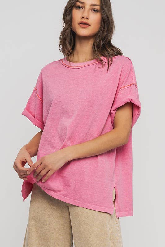 Erika Contrast Stitch Mineral Wash Spring Oversized Tee - shirts
