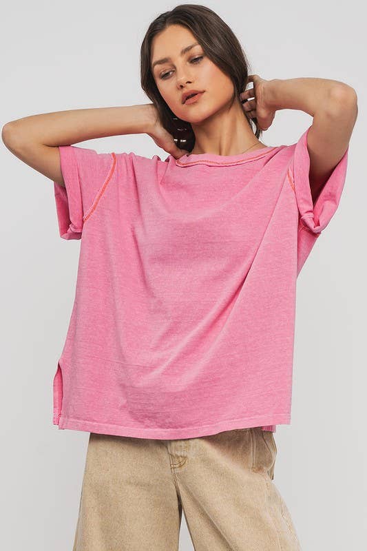 Erika Contrast Stitch Mineral Wash Spring Oversized Tee - shirts