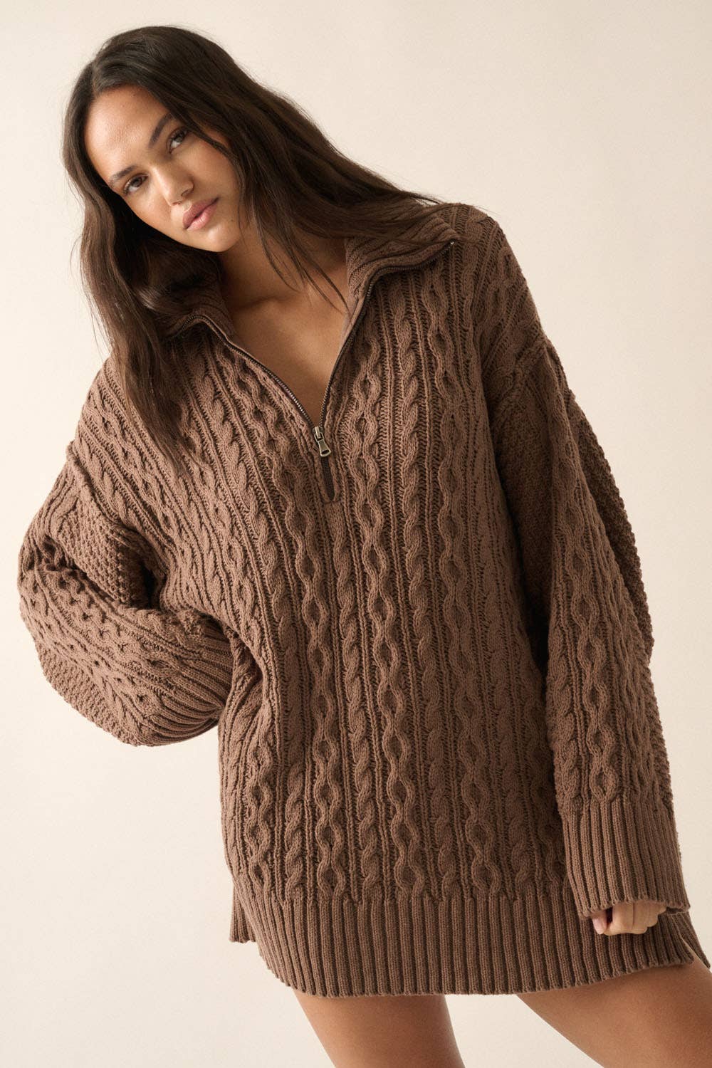 Cable-Knit Long Sleeve Mini Sweater Dress