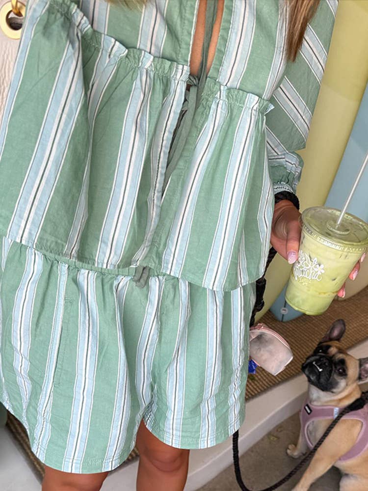 CINDY Long sleeve Tie front blouse in Mint Striped