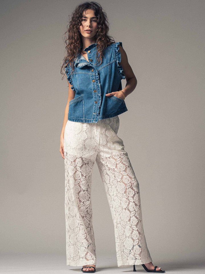 Victoria Ruffle Trim Denim Vest with High Collar