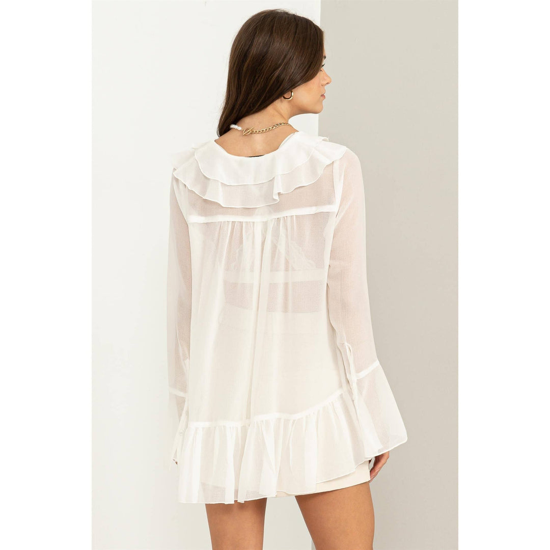LUISA  WHITE RUFFLED BUTTON-FRONT SHEER TUNIC TOP