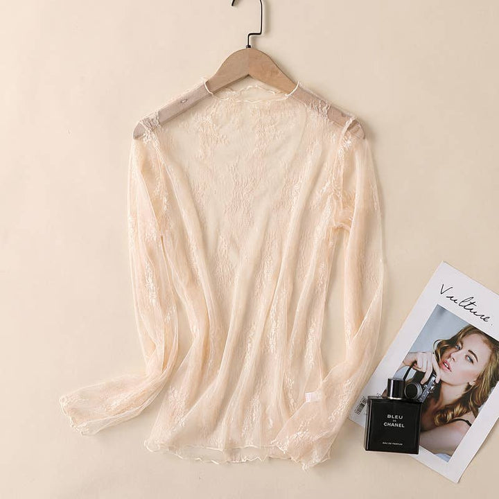 Iris Semi Sheer Mesh Floral Lace Layering See Through Top