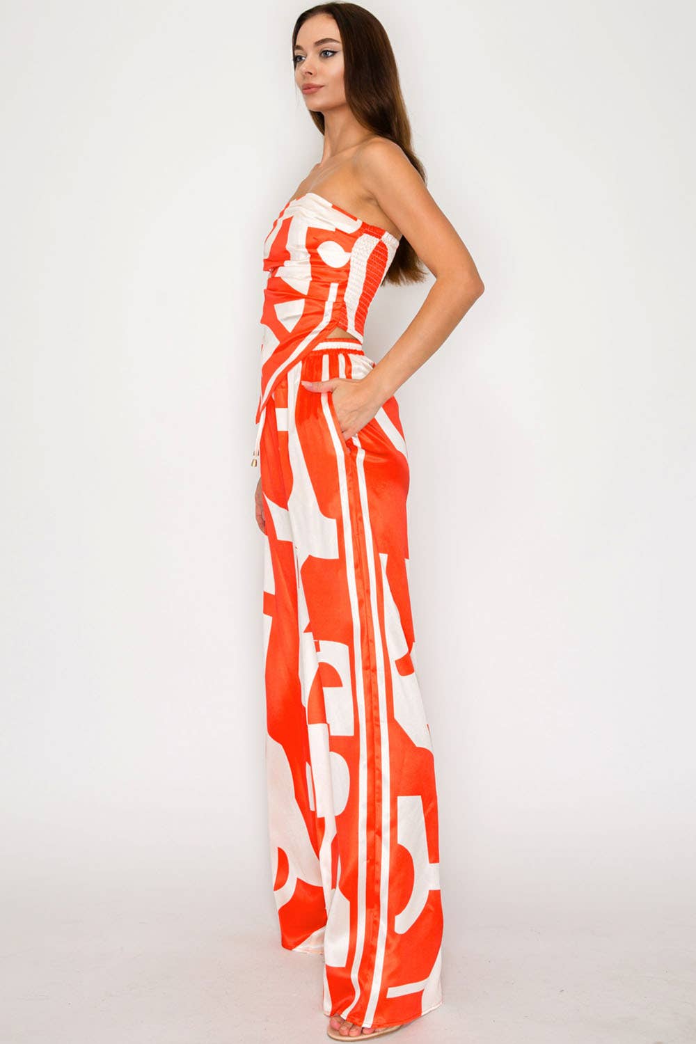CARMINA SET_STRAPLESS SATIN EFFECT SCARF TOP & PANTS SET