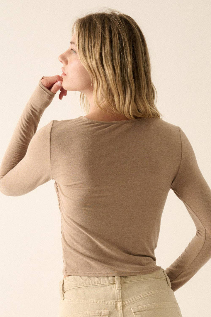 FIORA MOCHA Solid Ruched-Bodice Knit Top - Tops