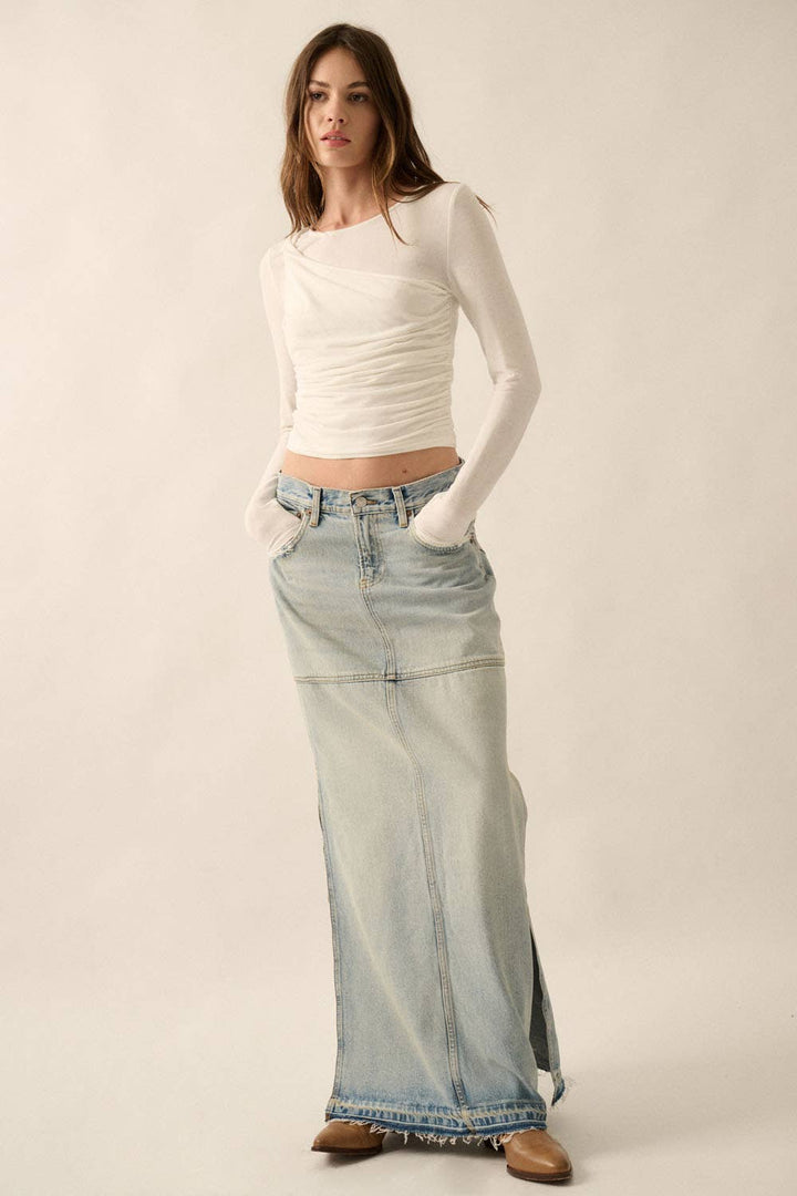 FIORA OFF WHITE Solid Ruched-Bodice Knit Top - Tops