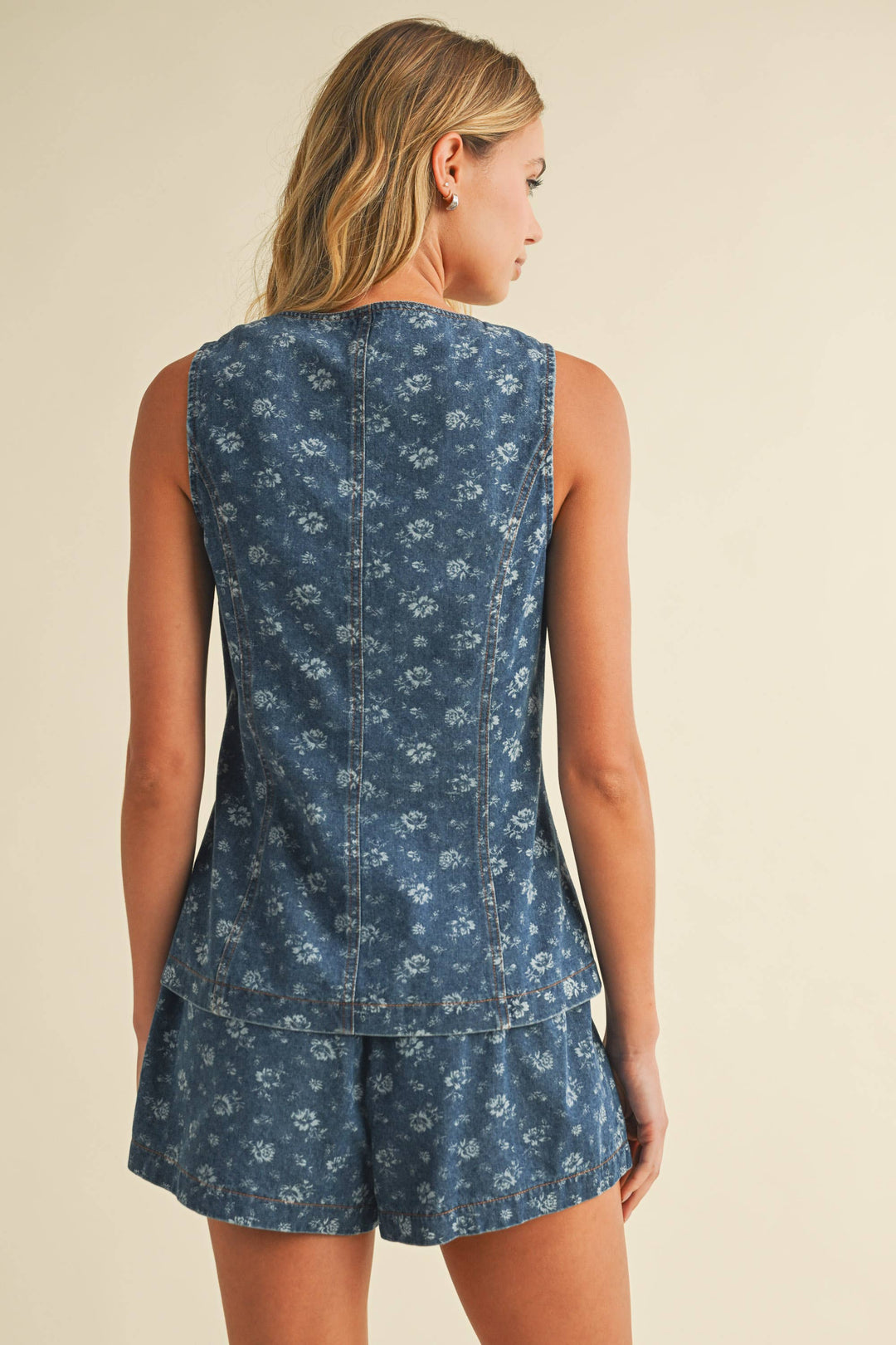 FLORAL PRINT BUTTON DOWN DENIM VEST AND SHORTS SET - Sets
