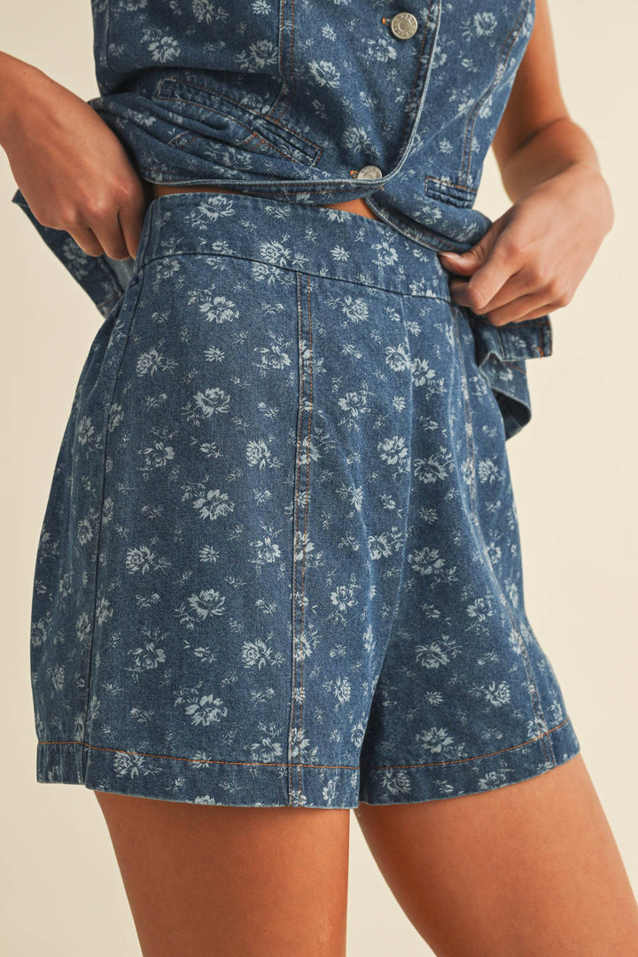 FLORAL PRINT BUTTON DOWN DENIM VEST AND SHORTS SET - Sets