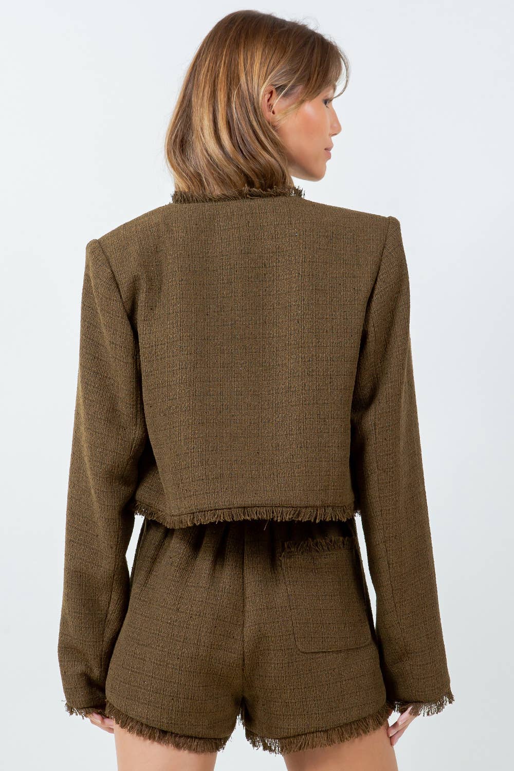 FRAY EDGE DETAILED TWEED BUTTON DOWN JACKET