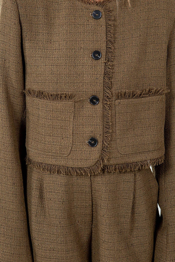 FRAY EDGE DETAILED TWEED BUTTON DOWN JACKET