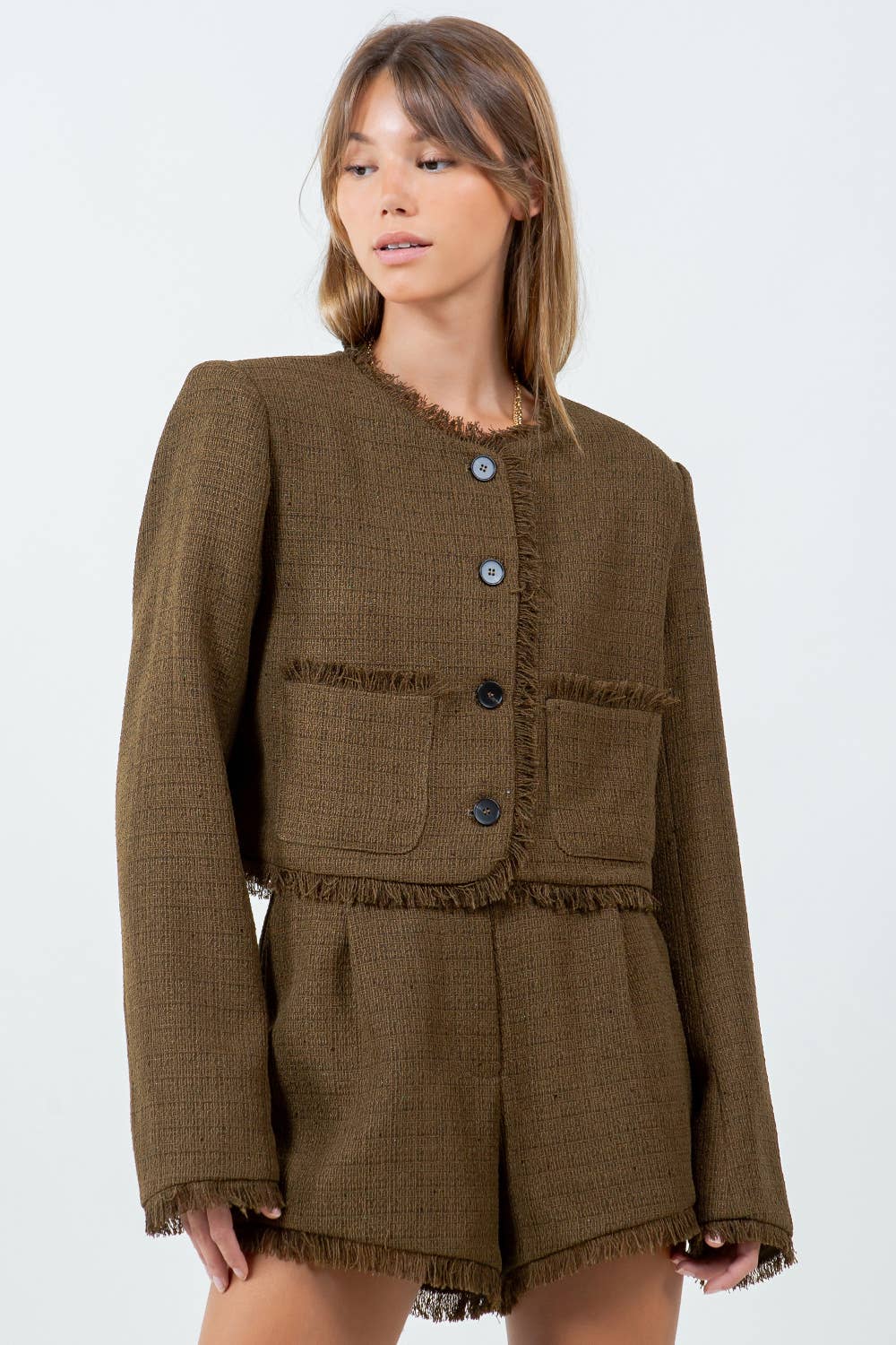FRAY EDGE DETAILED TWEED BUTTON DOWN JACKET