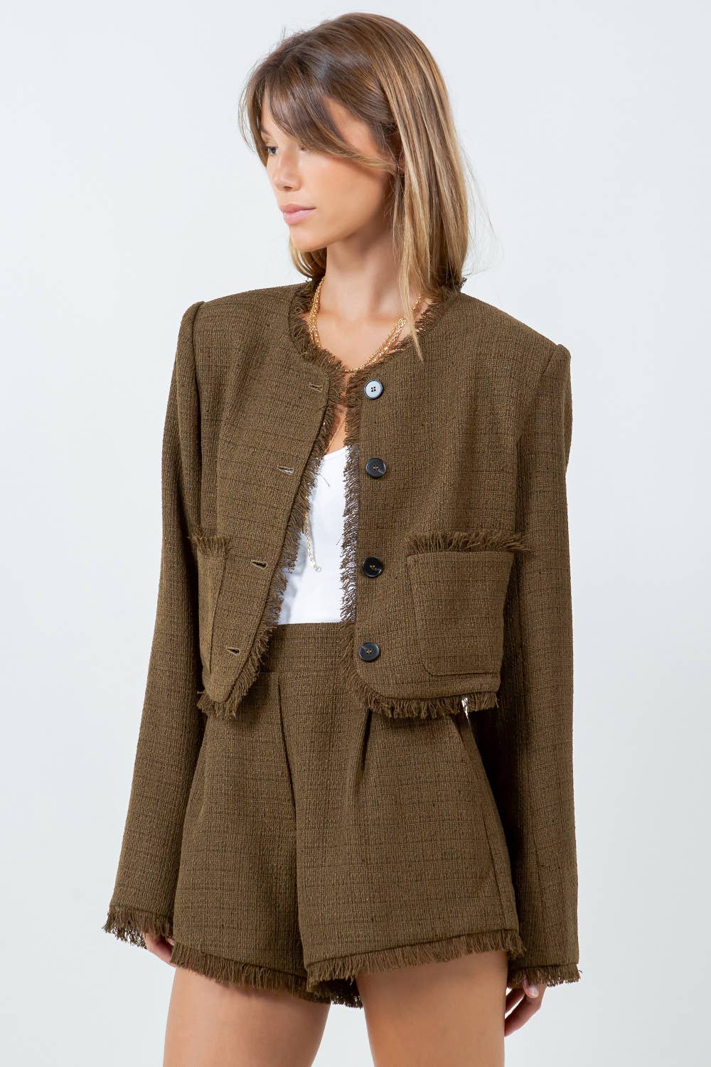 FRAY EDGE DETAILED TWEED BUTTON DOWN JACKET - S / Olive