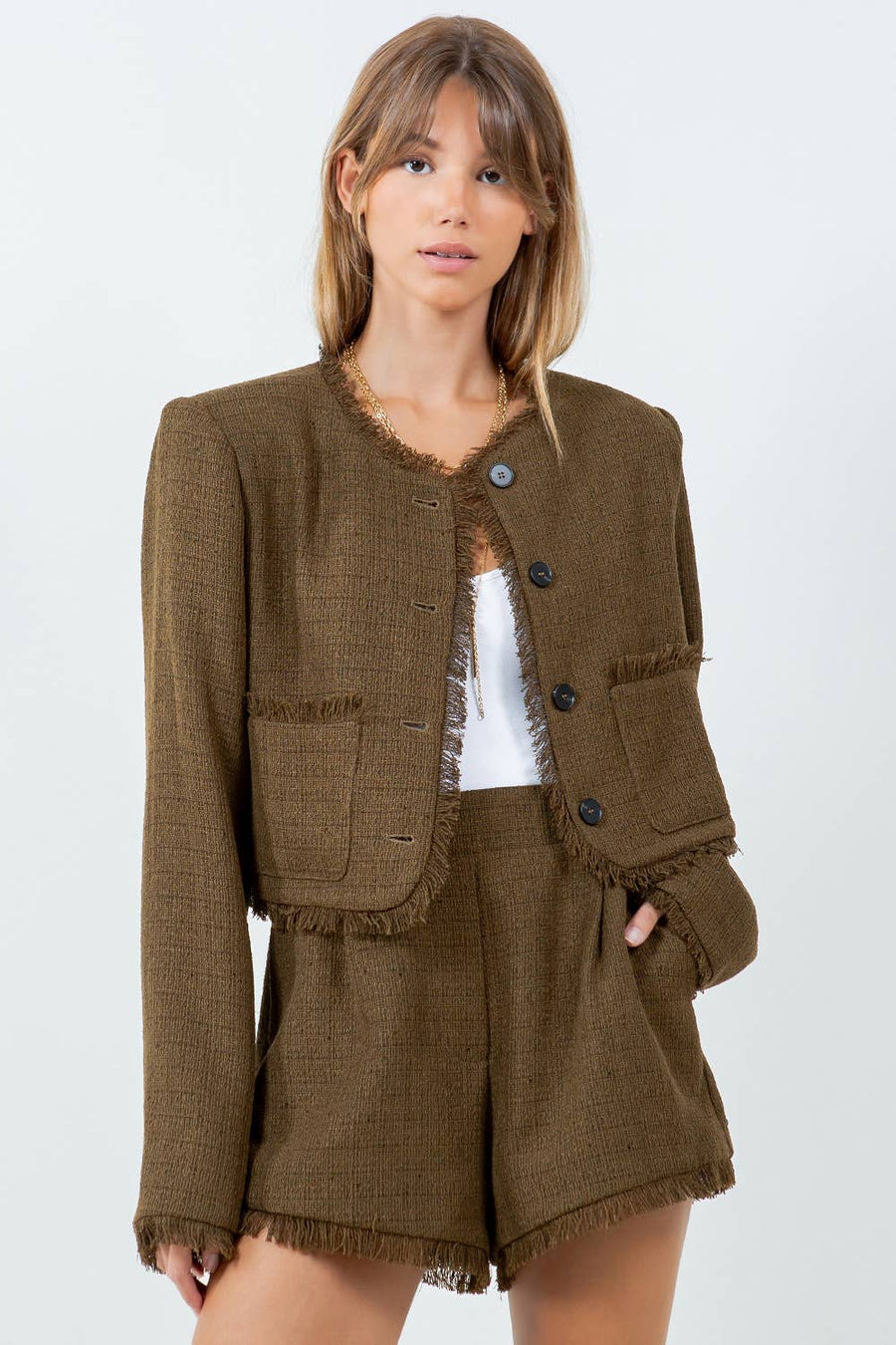 FRAY EDGE DETAILED TWEED BUTTON DOWN JACKET - XS / Olive