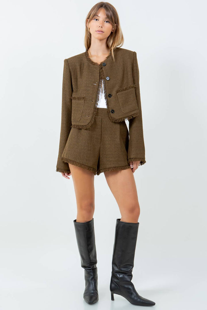 FRAY EDGE DETAILED TWEED SHORTS - OLIVE
