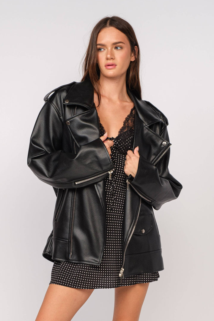 GENA OVERSIZED FAUX LEATHER JACKET - Black / S