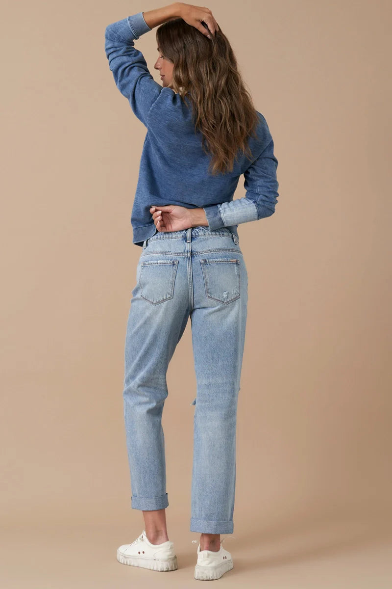 HARLIN Rolled Up Boyfriend Distressed Vintage Wash Jeans - Jeans