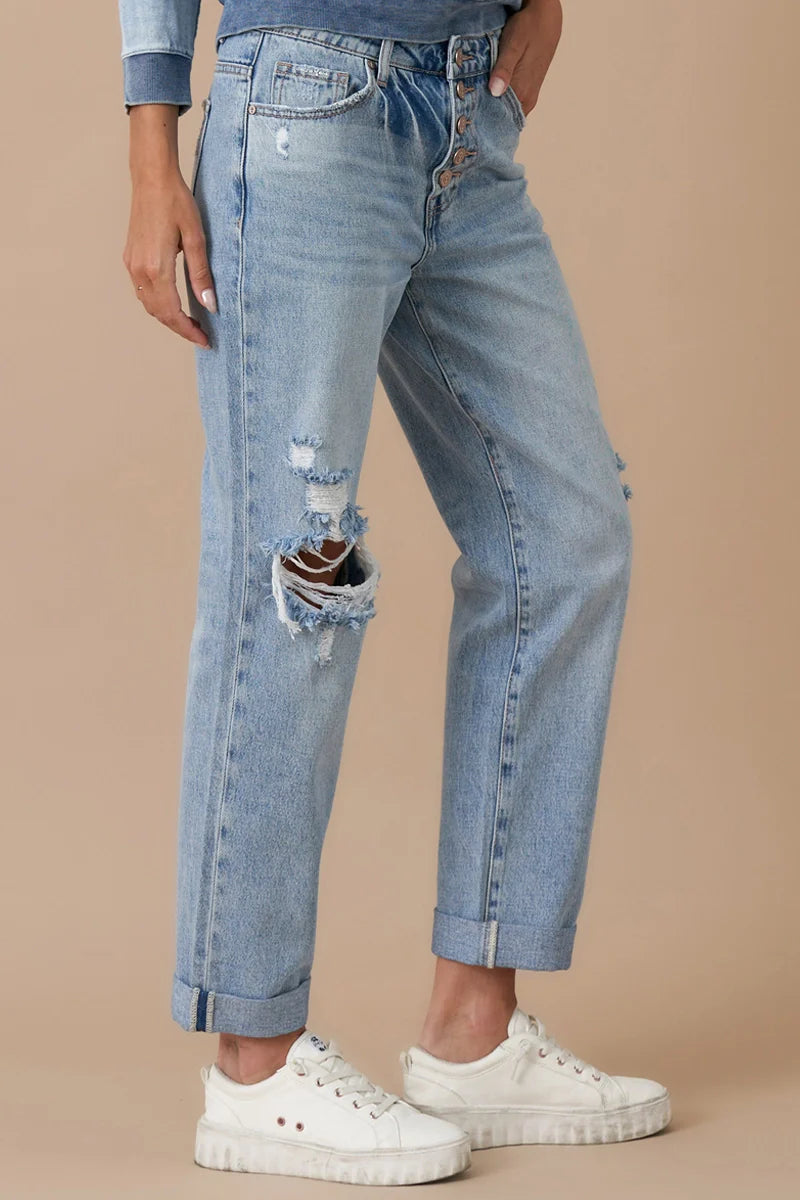 HARLIN Rolled Up Boyfriend Distressed Vintage Wash Jeans - Jeans