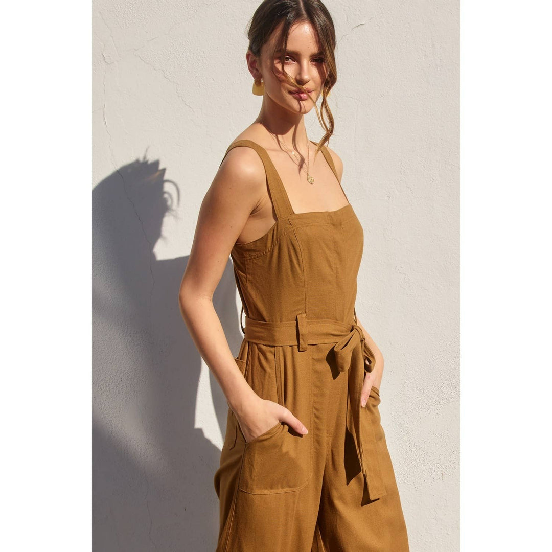 Heather Straight Neck Wide Leg Jumpsuit - S / GOLDEN PALM - jumpsuits & rompers