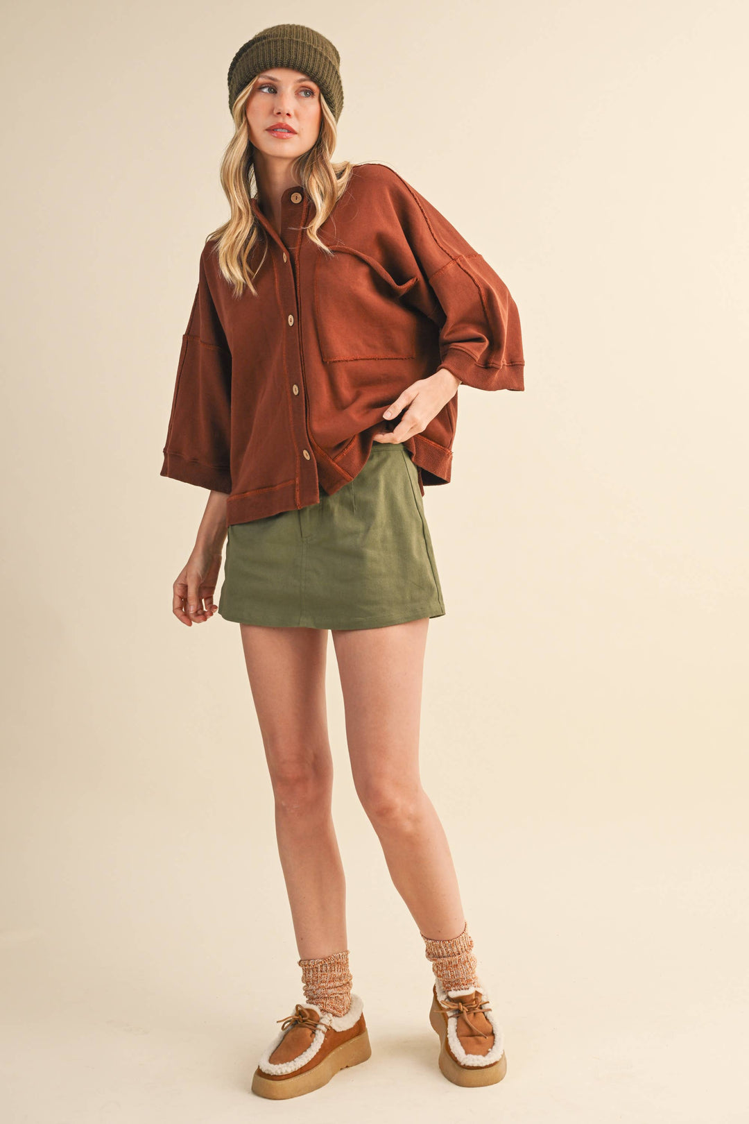 INOVA OLIVE GREEN DENIM SKORTS WITH BELT LOOP