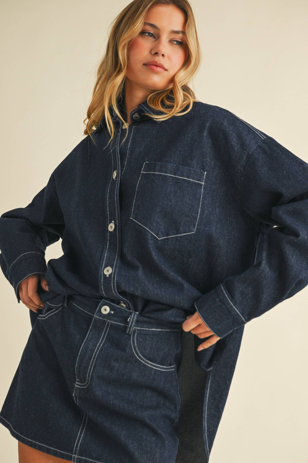 IST6002-C DENIM OVERSIZED SHIRT AND MINI SKIRT