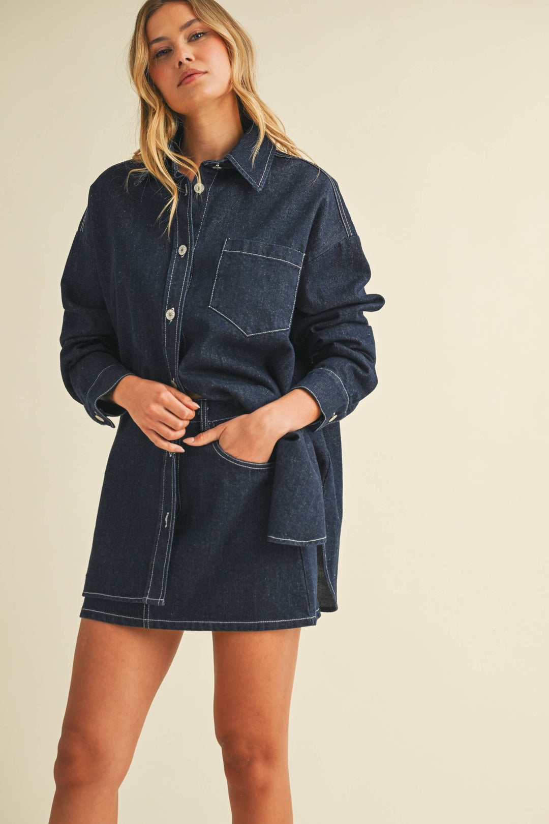 IST6002-C DENIM OVERSIZED SHIRT AND MINI SKIRT