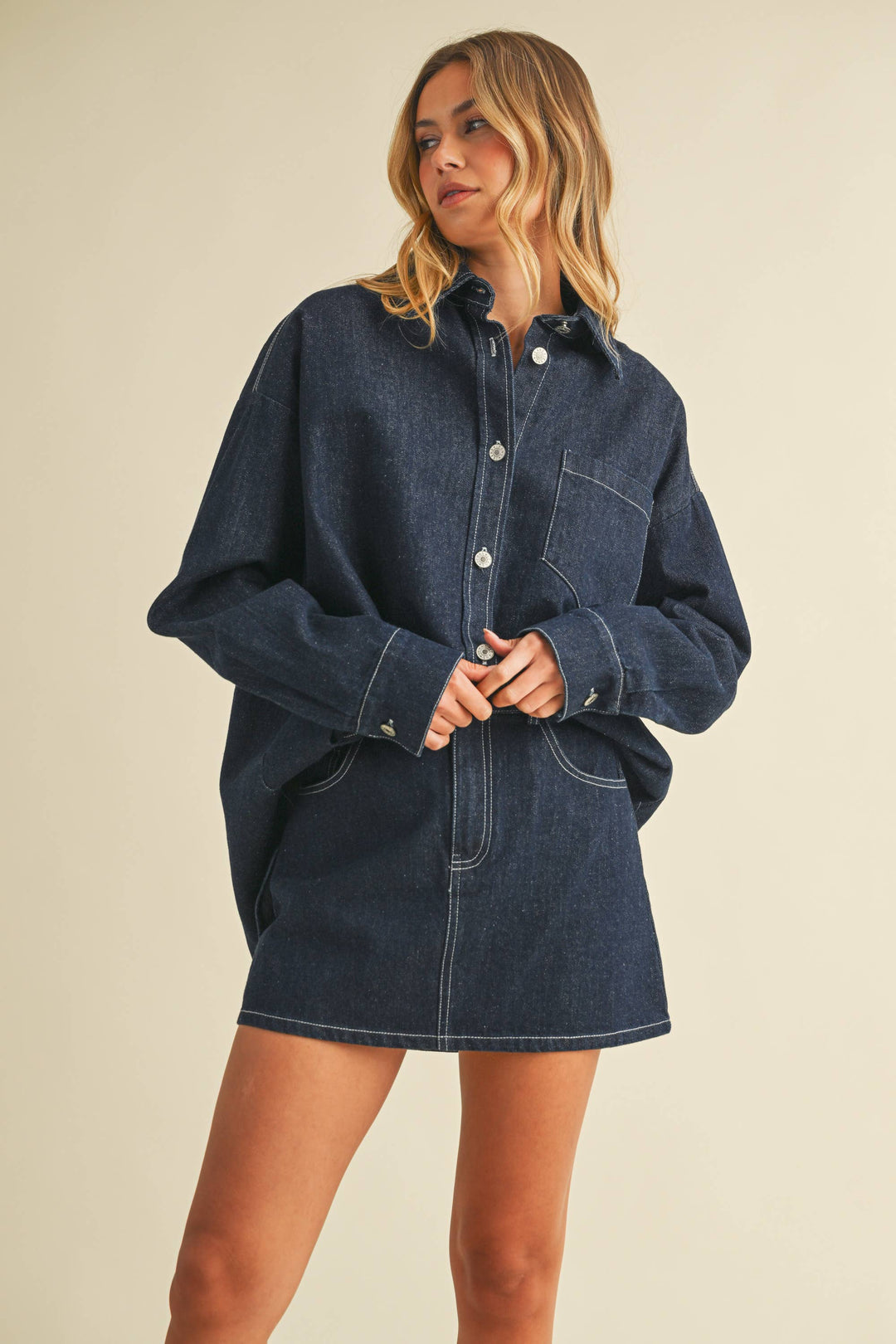 IST6002-C DENIM OVERSIZED SHIRT AND MINI SKIRT
