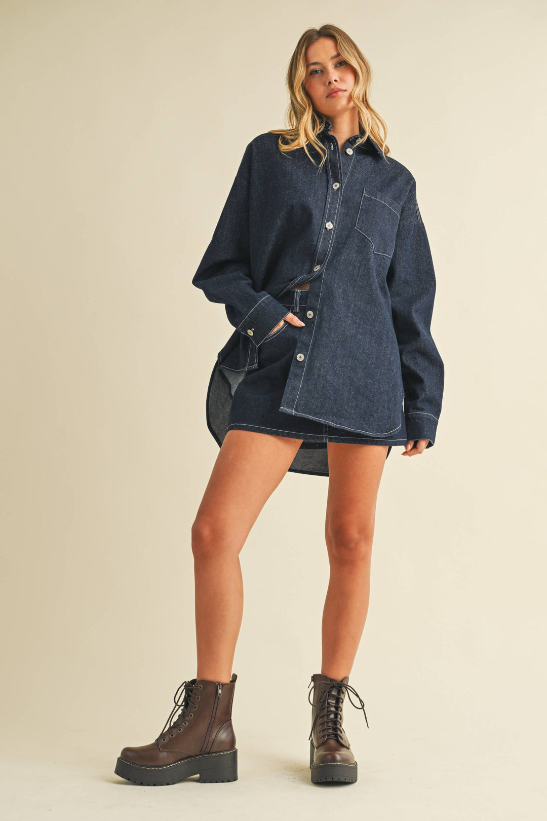 IST6002-C DENIM OVERSIZED SHIRT AND MINI SKIRT