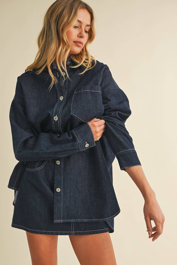 IST6002-C DENIM OVERSIZED SHIRT AND MINI SKIRT - DK DENIM / L