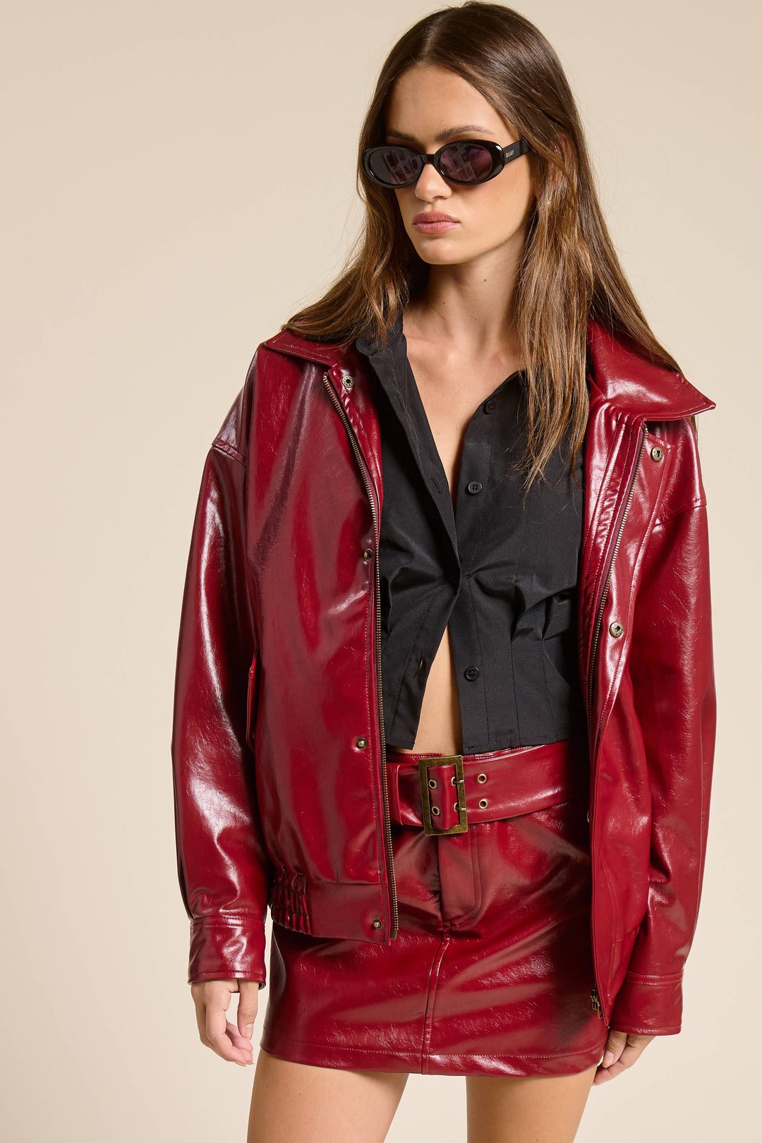 Ixia Faux Leather Bomber Jacket & Belted Skirt Set