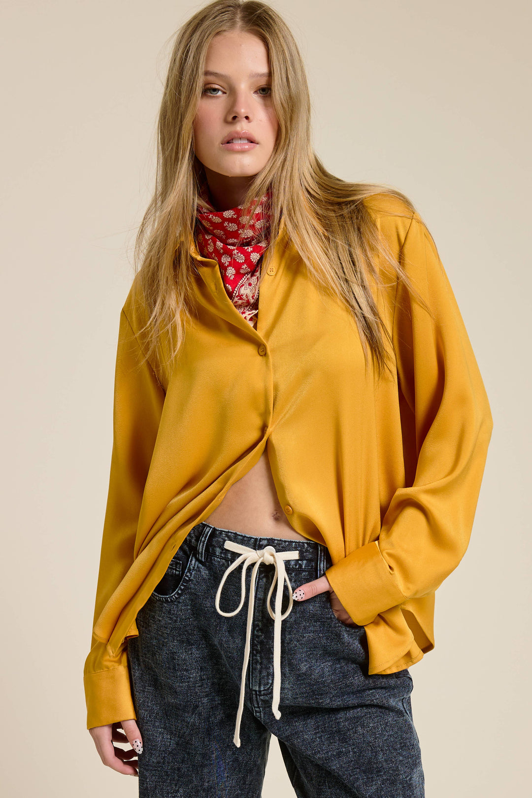 Jade gold Satin Button Down Blouse - Gold / S - shirts