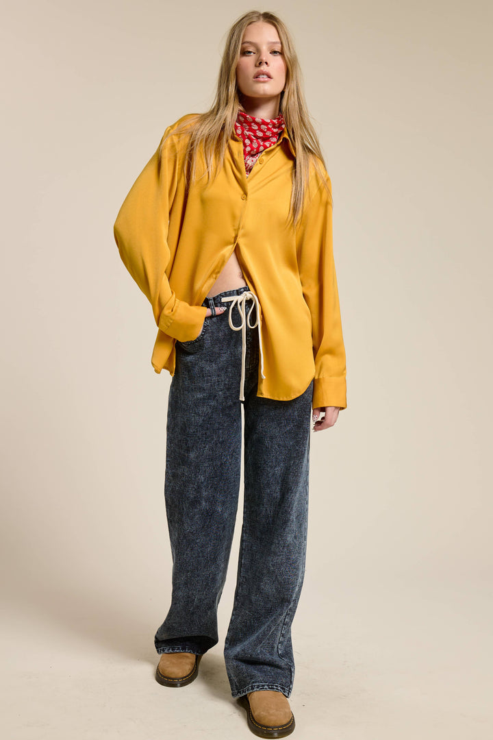 Jade gold Satin Button Down Blouse - shirts