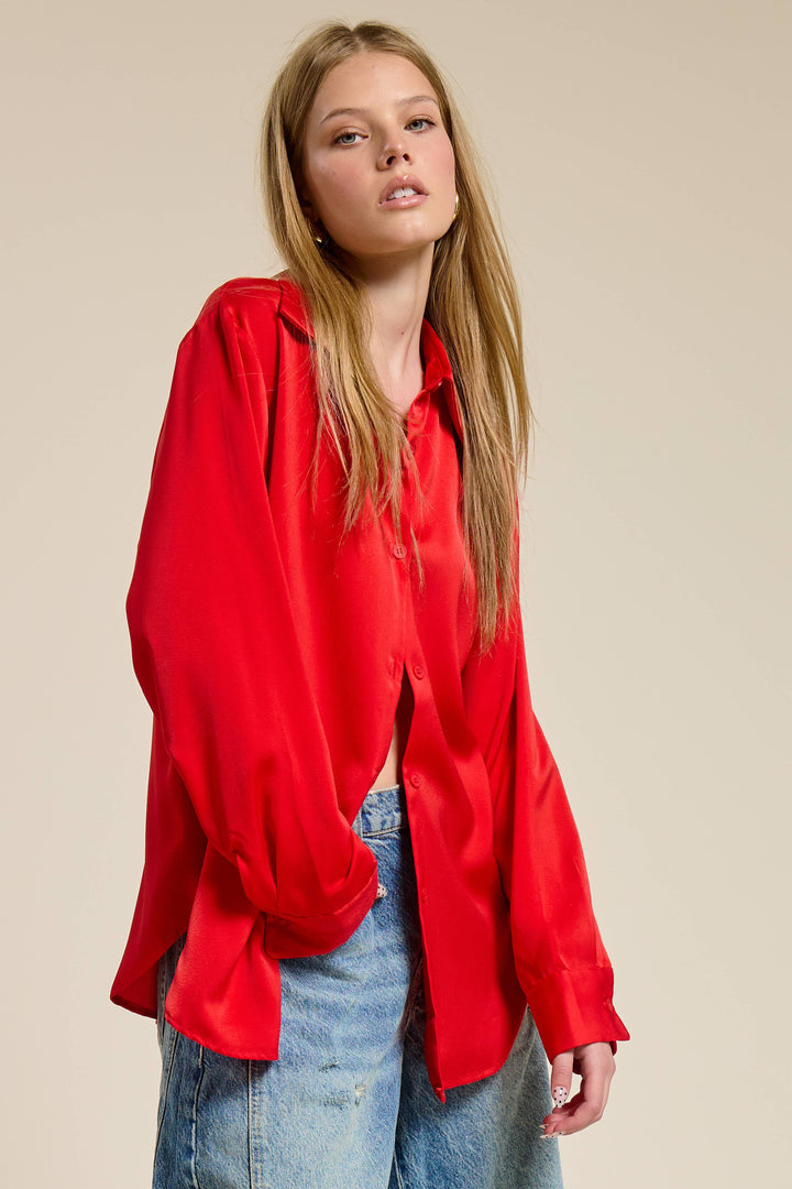 Jade red Satin Button Down Blouse - Red / S - shirts